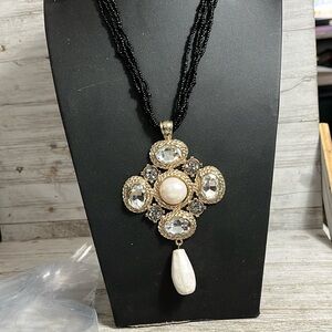 Vintage black seed bead necklace with large charm